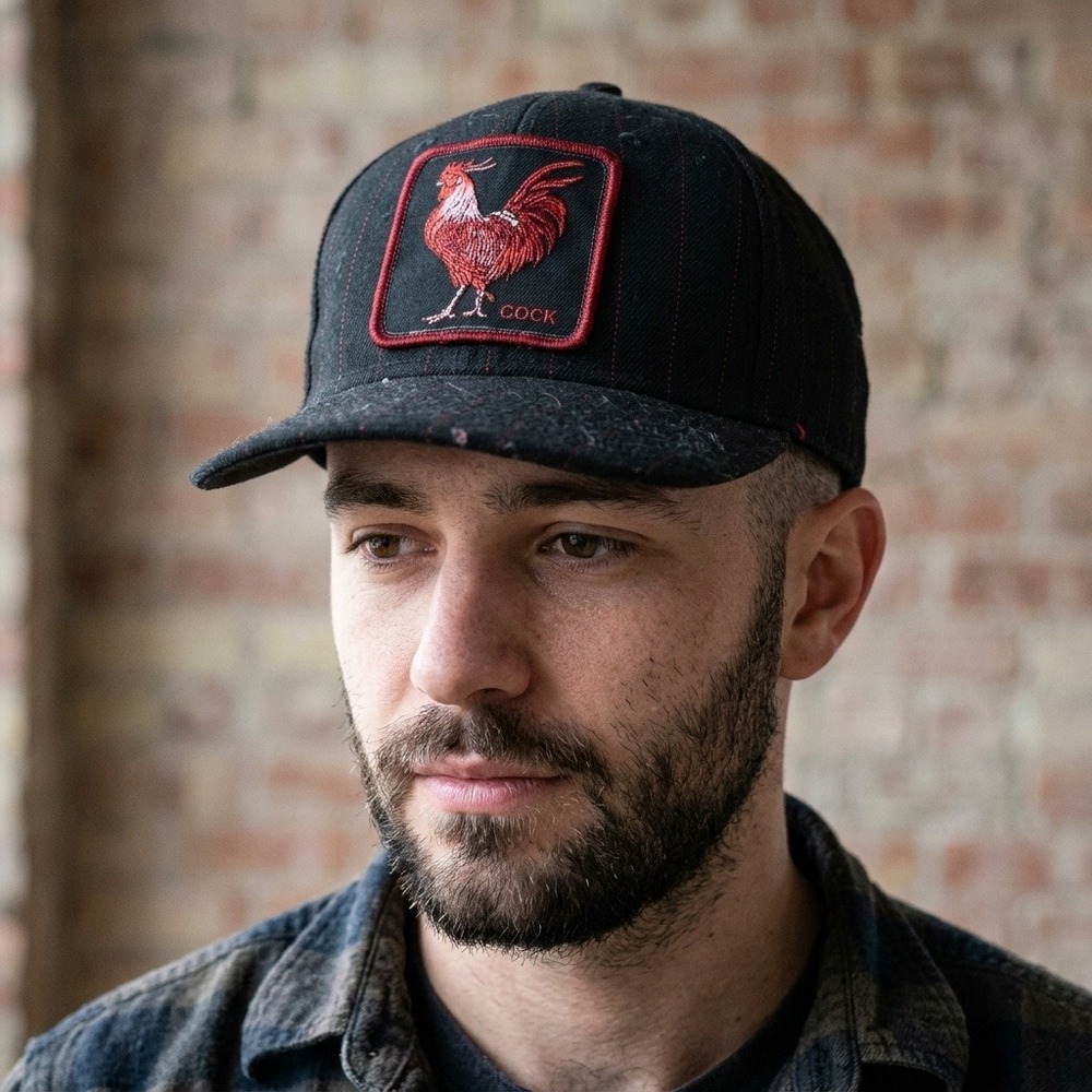 Goorin Bros Mens Animal Farm Rooster Hat OS Black Red Pinstripe Wool Trucker Cap